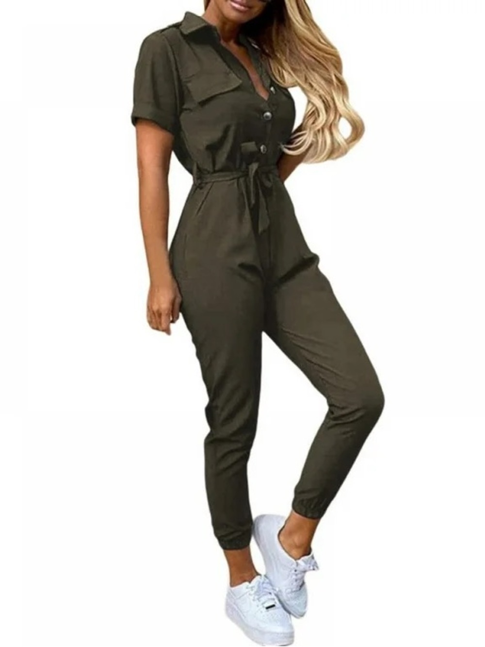 Black Short-Sleeve Shirt Dress with Waist Tie and pockets